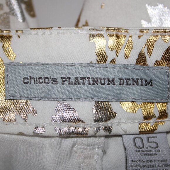 Chicos Platinum Denim Sz 0.5 x 24 White Gold Silver Animal Print Cotton Jeans - Picture 8 of 14
